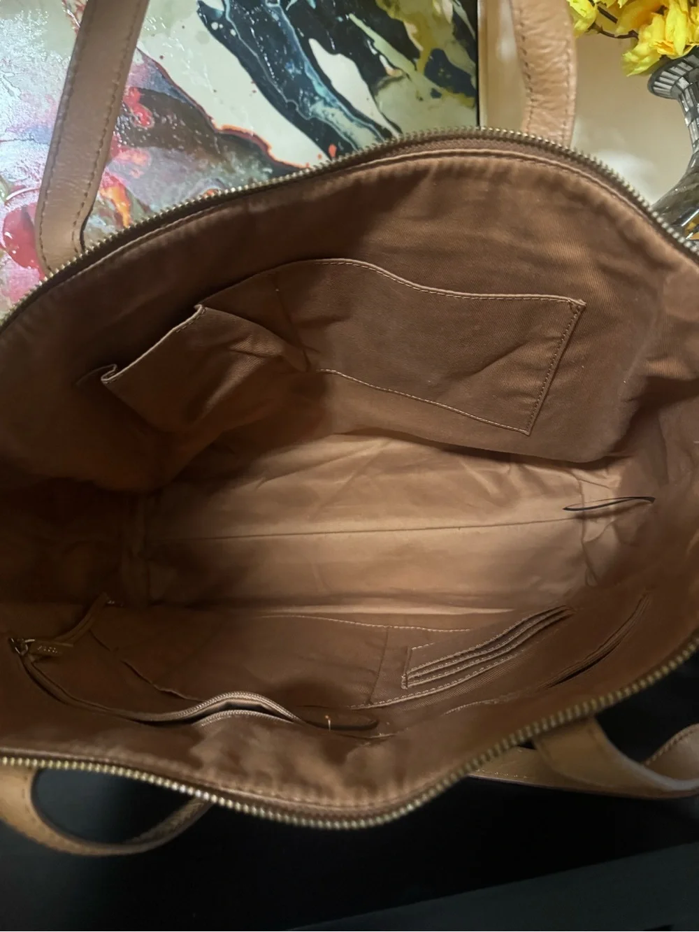 Fossil Brown Patterned Tote with Tan Trim
